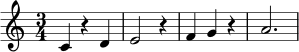 \relative c' { \clef treble \time 3/4 c4 r4 d4 | e2 r4 | f4 g4 r4 | a2. }