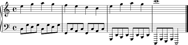 \score {
\new PianoStaff <<
\new Staff \relative c'' {
\clef treble
\key c \major
\time 4/4
e4 g a g | f e d c | e g a g | c1 \bar "|."
}
\new Staff \relative c {
\clef bass
\key c \major
\time 4/4
c8 g' e g c, g' e g | f, c' a c f, c' a c | g, d' b d g, d' b d | c, g' e g c,2
}
>>
\layout { }
\midi { \tempo 4 = 104 }
}