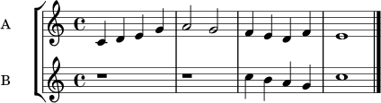 \version "2.22.1"
frage = \relative c' {
\clef treble
\key c \major
\time 4/4
c4 d e g | a2 g | f4 e d f | e1
}
antwort = \relative c'' {
\clef treble
\key c \major
\time 4/4
r1 | r1 | c4 b a g | c1 \bar "|."
}
\score {
\new StaffGroup <<
\new Staff \with { instrumentName = "A" } \frage
\new Staff \with { instrumentName = "B" } \antwort
>>
\layout { }
\midi { \tempo 4 = 84 }
}