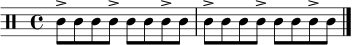 
\relative c' { \clef percussion \time 4/4 c8-> c c c-> c c c-> c | c8-> c c c-> c c c-> c \bar "|." }
