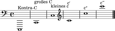 { \clef bass c,,1^\markup { "Kontra-C" } c,^\markup { "großes C" } c^\markup { "kleines c" } \clef treble c'^\markup { "c′" } c''^\markup { "c″" } c'''^\markup { "c‴" } \bar "|." }