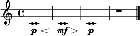 \relative c' { \key c \major \time 4/4 c1\p\< | c1\mf\> | c1\p | r1 \bar "|." }