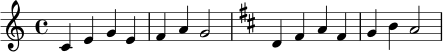
\relative c' {
  \time 4/4
  \key c \major
  c4 e g e | f4 a g2 |
  \key d \major
  d4 fis a fis | g4 b a2 |
}
