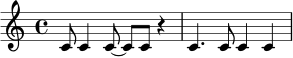 \relative c' {
\time 4/4
c8 c4 c8~ c8 c8 r4 |
c4. c8 c4 c4 |
}