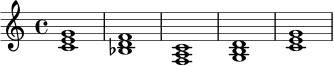 
\relative c' {
  \key c \major
  \time 4/4
  <c e g>1 |
  <bes d f>1 |
  <f a c>1 |
  <g b d>1 |
  <c e g>1
}
