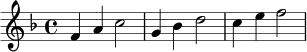 
\relative c' {
  \key f \major
  \time 4/4
  f4 a c2 |
  g4 bes d2 |
  c4 e f2 |
}

