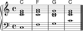 \version "2.24.0"
\header { tagline = "" }
\paper { indent = 0\mm }
\score {
<<
\new ChordNames { \chordmode { c1 f g c } }
\new PianoStaff <<
\new Staff \relative c' {
\key c \major
\time 4/4
<c e g>1 | <c f a> | <b d g> | <c e g> \bar "|."
}
\new Staff \relative c {
\clef bass
\key c \major
c1 | f | g | c \bar "|."
}
>>
>>
\layout { }
\midi { \tempo 4 = 80 }
}