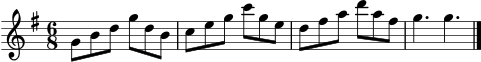 
\score {
  \new Staff \relative c'' {
    \clef treble
    \key g \major
    \time 6/8
    g8 b d g d b | c e g c g e | d fis a d a fis | g4. g \bar "|."
  }
  \layout { }
  \midi { \tempo 4. = 92 }
}
