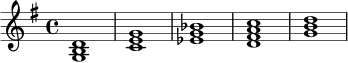 \relative c' {
\key g \major
\time 4/4
<g b d>1 |
<c e g>1 |
<ees g bes>1 |
<d fis a c>1 |
<g b d>1 |
}