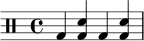 
\drums {
  \time 4/4
  bd4 <bd sn> bd <bd sn>
}
