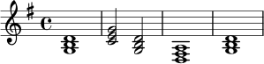 
\relative c' {
  \key g \major
  \time 4/4
  <g b d>1 |
  <c e g>2 <g b d>2 |
  <d fis a>1 |
  <g b d>1
}

