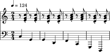 <<
\new Staff {
\relative c' {
\key c \major
\time 2/4
\tempo 4 = 124
r8 <e g c>-. r <e g c>-. |
r8 <d g b>-. r <d g b>-. |
r8 <f a c>-. r <f a c>-. |
r8 <d g b>-. r <d g b>-.
}
}
\new Staff {
\relative c {
\clef bass
\key c \major
\time 2/4
c4 g | g d | f c | g d
}
}
>>