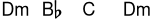 
\new ChordNames \chordmode {
  d1:m bes1 c1 d1:m
}
