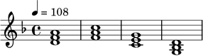 \relative c' {
\key d \minor
\time 4/4
\tempo 4 = 108
<d f a>1 | <f a c>1 | <c e g>1 | <g bes d>1 |
}