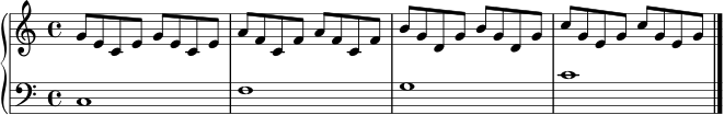 \new PianoStaff <<
\new Staff \relative c'' { \time 4/4 \key c \major g8 e c e g e c e a f c f a f c f b g d g b g d g c g e g c g e g \bar "|." }
\new Staff \relative c { \clef bass c1 f g c }
>>