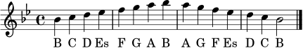 \relative c'' {
\clef treble
\key bes \major
\time 4/4
bes4 c d es | f g a bes | a g f es | d c bes2 \bar "|."
}
\addlyrics { B C D Es F G A B A G F Es D C B }