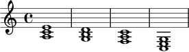 \relative c' {
\key a \minor
\time 4/4
<a c e>1 |
<g b d>1 |
<f a c>1 |
<c e g>1 |
}