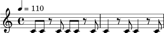 \relative c' {
\time 4/4
\tempo 4 = 110
c8 c r c c c r c | c4 r8 c c4 r8 c |
}