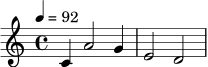 \relative c' {
\time 4/4
\tempo 4 = 92
c4 a'2 g4 |
e2 d2 |
}