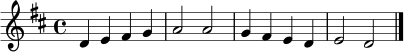 \relative c' {
\clef treble
\key d \major
\time 4/4
d4 e fis g | a2 a | g4 fis e d | e2 d \bar "|."
}