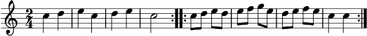 \version "2.24.0"
\score {
\new Staff \relative c'' {
\key c \major
\time 2/4
\repeat volta 2 { c4 d | e c | d e | c2 }
\repeat volta 2 { c8 d e d | e f g e | d e f e | c4 c }
}
\layout { }
\midi { }
}