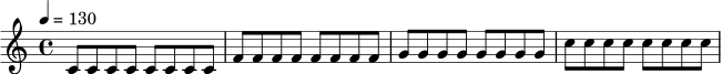 \relative c' {
\key c \major
\time 4/4
\tempo 4 = 130
c8 c c c c c c c |
f8 f f f f f f f |
g8 g g g g g g g |
c8 c c c c c c c |
}