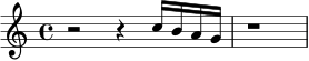 
\relative c'' {
  \time 4/4
  r2 r4
  c16 b a g
  | r1 |
}
