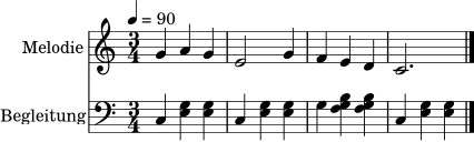\version "2.24.0"
\header { tagline = ##f }
\score {
<<
\new Staff \with { instrumentName = "Melodie" } \relative c'' {
\clef treble
\time 3/4
\tempo 4 = 90
g4 a g | e2 g4 | f4 e d | c2. \bar "|."
}
\new Staff \with { instrumentName = "Begleitung" } \relative c {
\clef bass
\time 3/4
c4 <e g> <e g> | c4 <e g> <e g> | g4 <f g b> <f g b> | c4 <e g> <e g> \bar "|."
}
>>
\layout { }
\midi { }
}