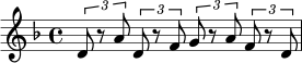 
\relative c' {
  \key d \minor
  \time 4/4
  \tuplet 3/2 { d8 r8 a'8 } \tuplet 3/2 { d,8 r8 f8 }
  \tuplet 3/2 { g8 r8 a8 } \tuplet 3/2 { f8 r8 d8 } |
}
