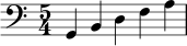 
{
  \clef bass
  \time 5/4
  g,4 b, d f a
}
