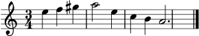 \score {
\new Staff {
\clef treble
\key a \minor
\time 3/4
e''4 f'' gis'' a''2 e''4 c'' b' a'2. \bar "|."
}
\layout { }
\midi { \tempo 4 = 80 }
}