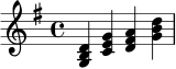 
\relative c' {
  \key g \major
  \time 4/4
  <g b d>4 <c e g> <d fis a> <g b d> |
}
