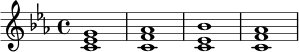 
\relative c' {
  \key c \minor
  \time 4/4
  <c ees g>1 |
  <c f aes>1 |
  <c ees bes'>1 |
  <c f aes>1
}
