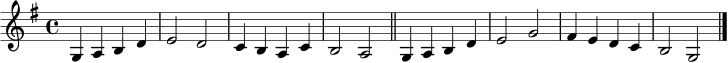 \relative c' {
\key g \major
\time 4/4
g4 a b d | e2 d | c4 b a c | b2 a \bar "||"
g4 a b d | e2 g | fis4 e d c | b2 g \bar "|."
}