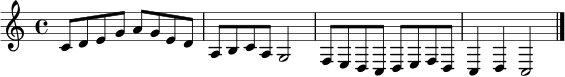 \relative c' { \clef treble \key c \major \time 4/4 c8 d e g a g e d | a b c a g2 | f8 e d c d e f d | c4 d c2 \bar "|." }