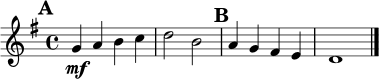 \relative c'' { \key g \major \time 4/4 \mark \default g4\mf a b c | d2 b | \mark \default a4 g fis e | d1 \bar "|." }