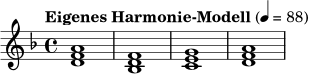 
\relative c' {
  \key d \minor
  \time 4/4
  \tempo "Eigenes Harmonie-Modell" 4 = 88
  <d f a>1 |
  <bes d f>1 |
  <c e g>1 |
  <d f a>1 |
}
