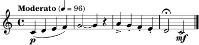 
\relative c' {
  \clef treble
  \time 4/4
  \tempo "Moderato" 4 = 96
  c4\p( d e f) | g2~ g4 r | a4-> g-. f-. e-. | d2\fermata c2\mf \bar "|."
}
