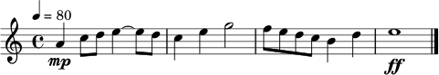 \relative c'' {
\time 4/4
\key a \minor
\tempo 4 = 80
a4\mp c8 d e4~ e8 d |
c4 e g2 |
f8 e d c b4 d |
e1\ff \bar "|."
}