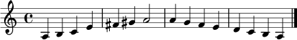 \relative c' { \clef treble \key a \minor \time 4/4 a4 b c e | fis gis a2 | a4 g f e | d c b a \bar "|." }