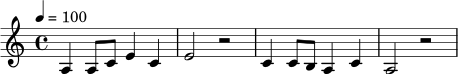 \relative c' {
\key a \minor
\time 4/4
\tempo 4 = 100
a4 a8 c e4 c |
e2 r2 |
c4 c8 b a4 c |
a2 r2 |
}