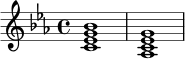 
\new Staff \relative c' {
  \key c \minor
  \time 4/4
  <c ees g bes>1 |
  <aes c ees g>1 |
}
