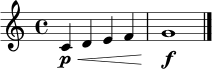 \relative c' {
\clef treble
\time 4/4
c4\p\< d e f | g1\f\! \bar "|."
}