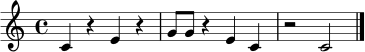 \relative c' { \clef treble \time 4/4 c4 r4 e4 r4 | g8 g8 r4 e4 c4 | r2 c2 \bar "|." }