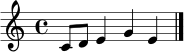 \relative c' { \clef treble \key c \major \time 4/4 c8 d e4 g4 e | \bar "|." }