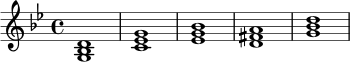 \relative c' {
\key g \minor
\time 4/4
<g bes d>1 |
<c ees g>1 |
<ees g bes>1 |
<d fis a>1 |
<g bes d>1 |
}