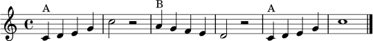 \relative c' { \time 4/4 \key c \major
c4^\markup { "A" } d e g | c2 r2 |
a4^\markup { "B" } g f e | d2 r2 |
c4^\markup { "A" } d e g | c1 \bar "|." }