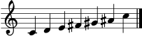\version "2.24.0"
\language "deutsch"
\header { tagline = ##f }
\score {
\new Staff \with { \remove "Time_signature_engraver" } {
\clef treble
\cadenzaOn
c'4 d' e' fis' gis' ais' c''
\bar "|."
}
\layout { }
\midi { \tempo 4 = 86 }
}