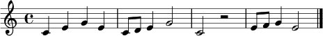 \relative c' { \clef treble \key c \major \time 4/4 c4 e g e | c8 d e4 g2 | c,2 r2 | e8 f g4 e2 \bar "|." }