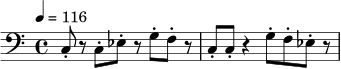 \relative c {
\clef bass
\time 4/4
\tempo 4 = 116
\set Staff.midiInstrument = "electric bass (finger)"
c8-. r c-. ees-. r g-. f-. r |
c8-. c-. r4 g'8-. f-. ees-. r
}